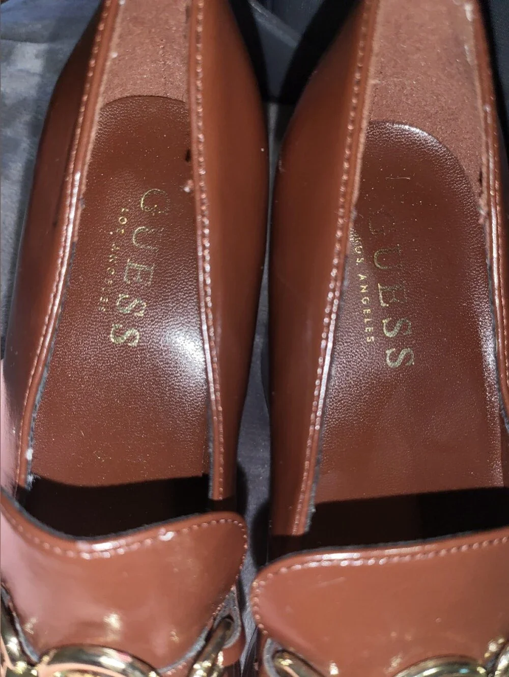 GUESS Brown Leather Chain-Detail Loafers